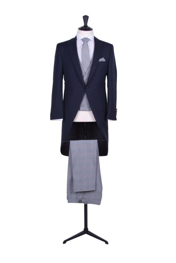 Navy tailcoat with Prince of Wales trousers & waistcoat