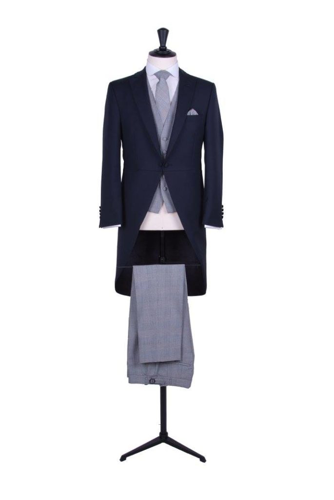 Navy light weight wool tradtional tailcoat with Prince of Wales trouser & waistcoat