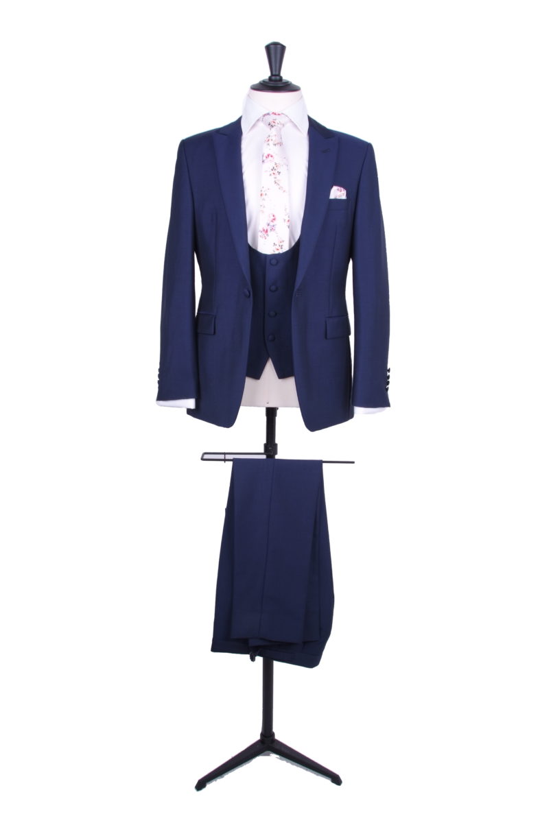 royal blue suit with scoop waistcoat and floral tie