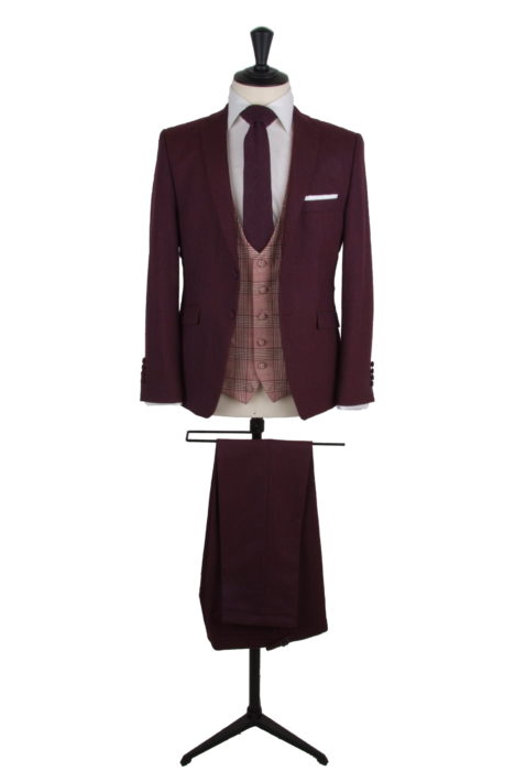 vintage tweed burgundy grooms wedding suit