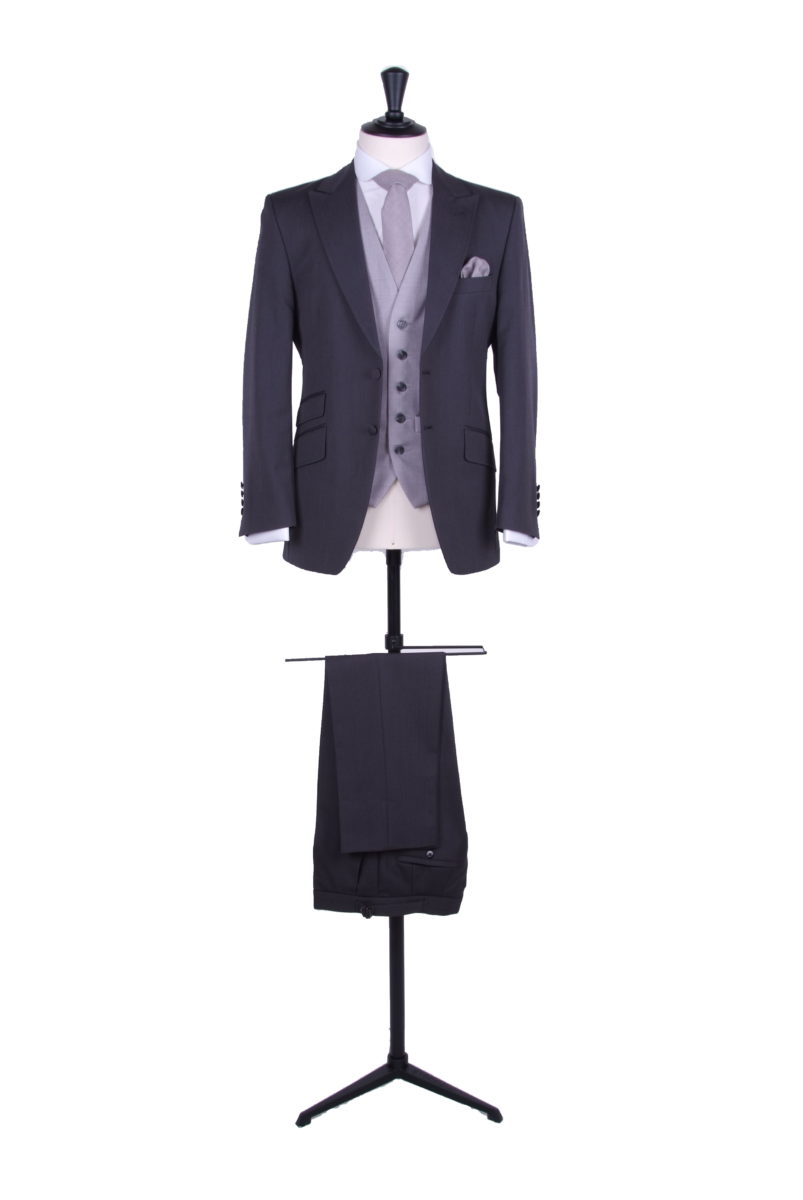 Slate grey herringbone wedding hire suit with Ascot grey SB waistcoat