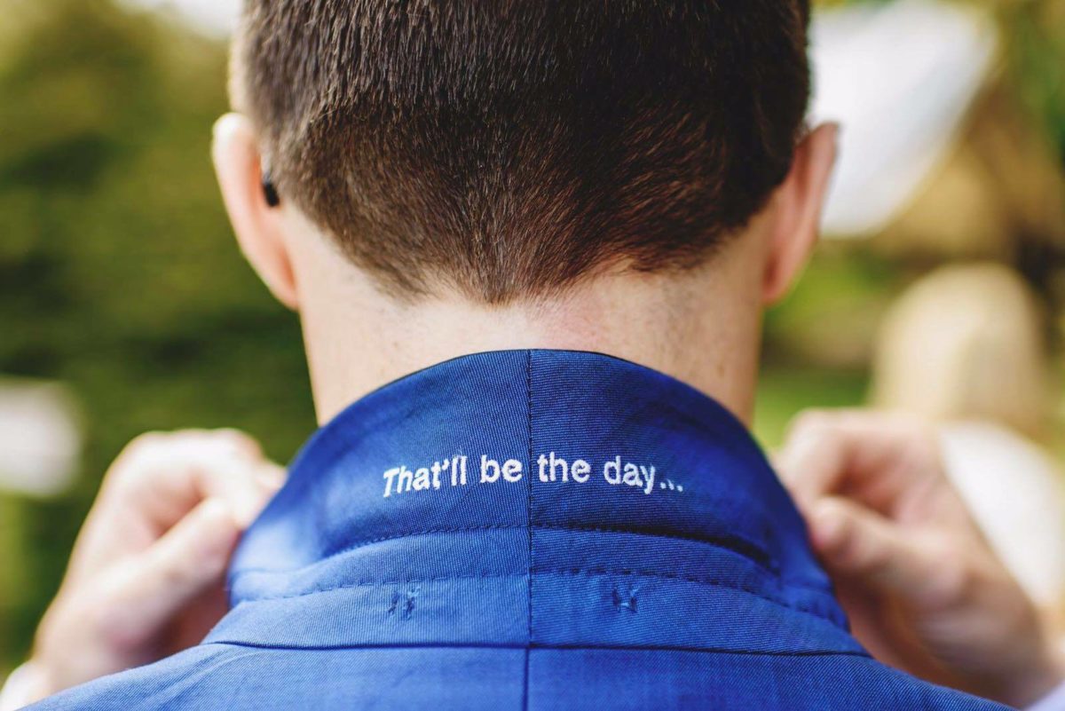 'That'll be the day' melton embroidery for our Buddy Hollie fanatic Groom, Lee