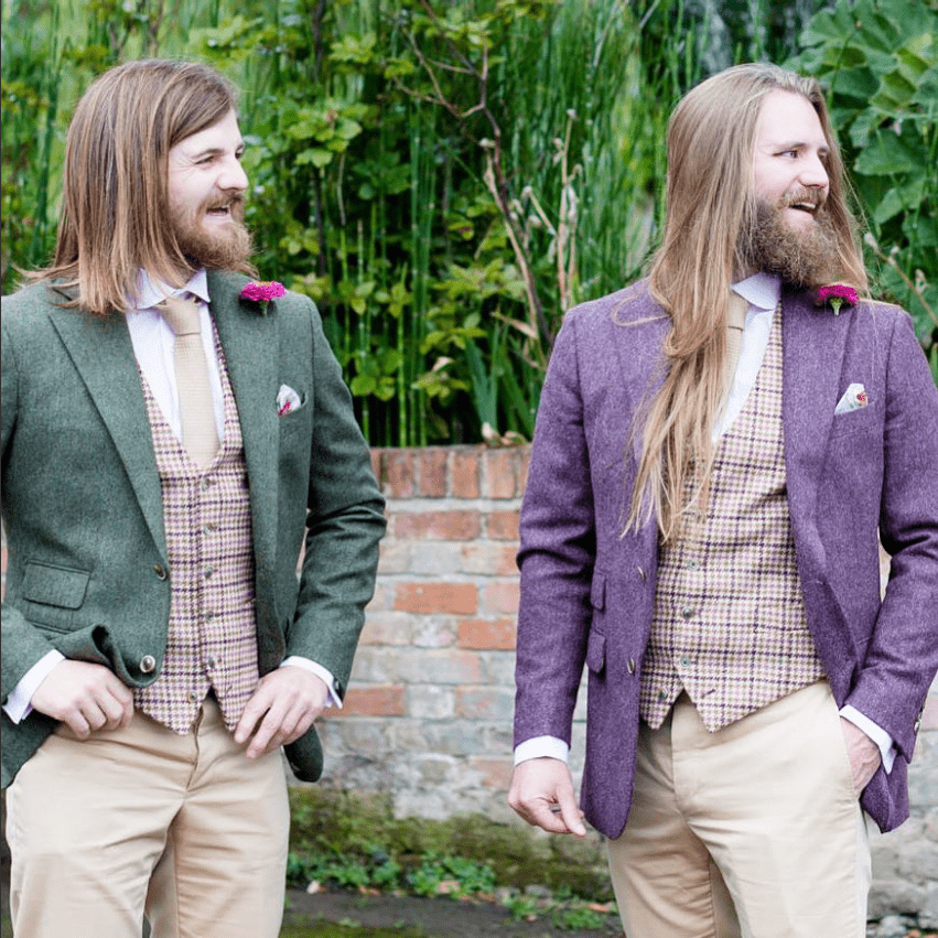Our Groom and his best man in their made-to-measure tweed jacket, waistcoats and trousers