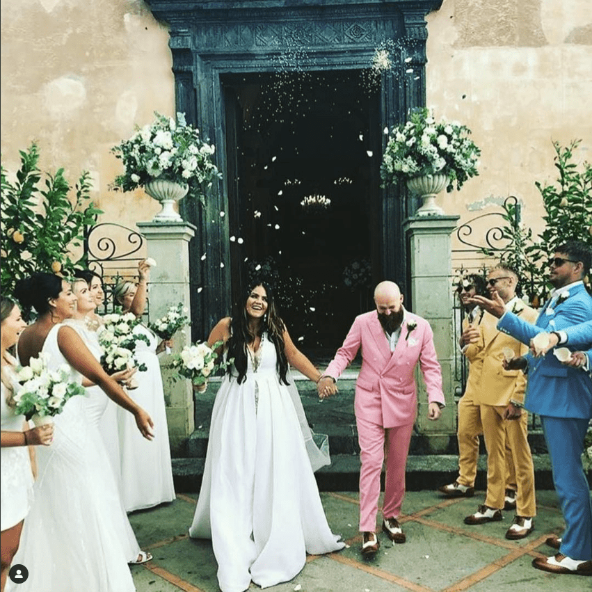 Groom, Ronnie & Ushers in pastel coloured wedding suits MTM suits
