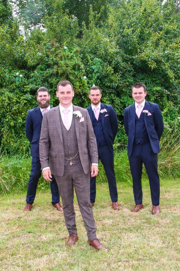 Mr Brewster in our tweed hire suit, Ushers in 3 piece navy hire suits