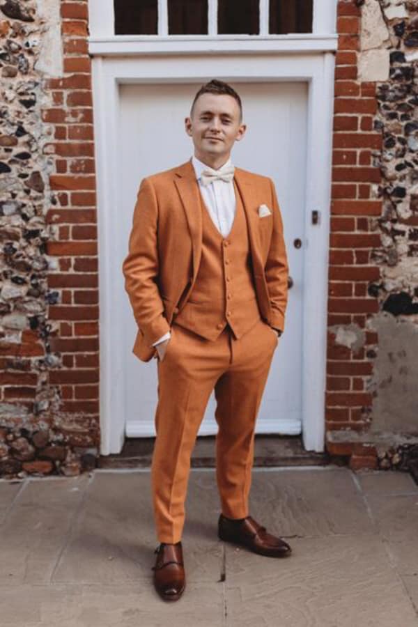 Mr Oli Frost in orange lambs wool MTM tweed suit