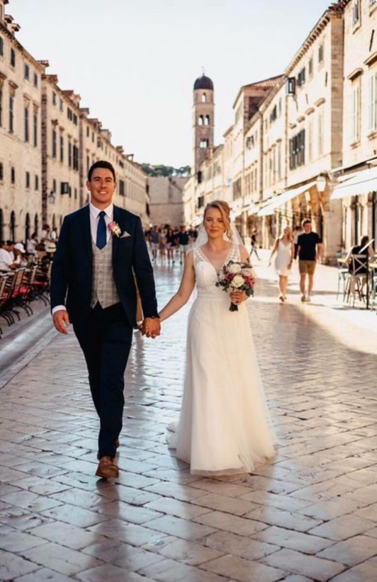 Dubrovnik was the setting for Mr Barkers wedding. Where he wore a navy suit with a checked waistcoat
