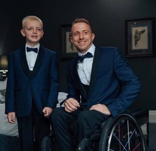 Paralypian Richard Chiassaro & son in our hire royal blue dinner suit