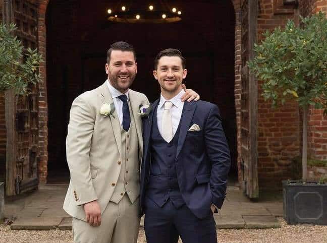Grant had a MTM beige suit. To create the contrast wedding suit look he put his Ushers in our ink blue lounge suit from our hire collection