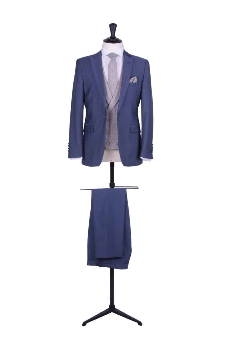 Steel blue mohair slim fit hire lounge suit with Prince of Wales brown DB waistcoat
