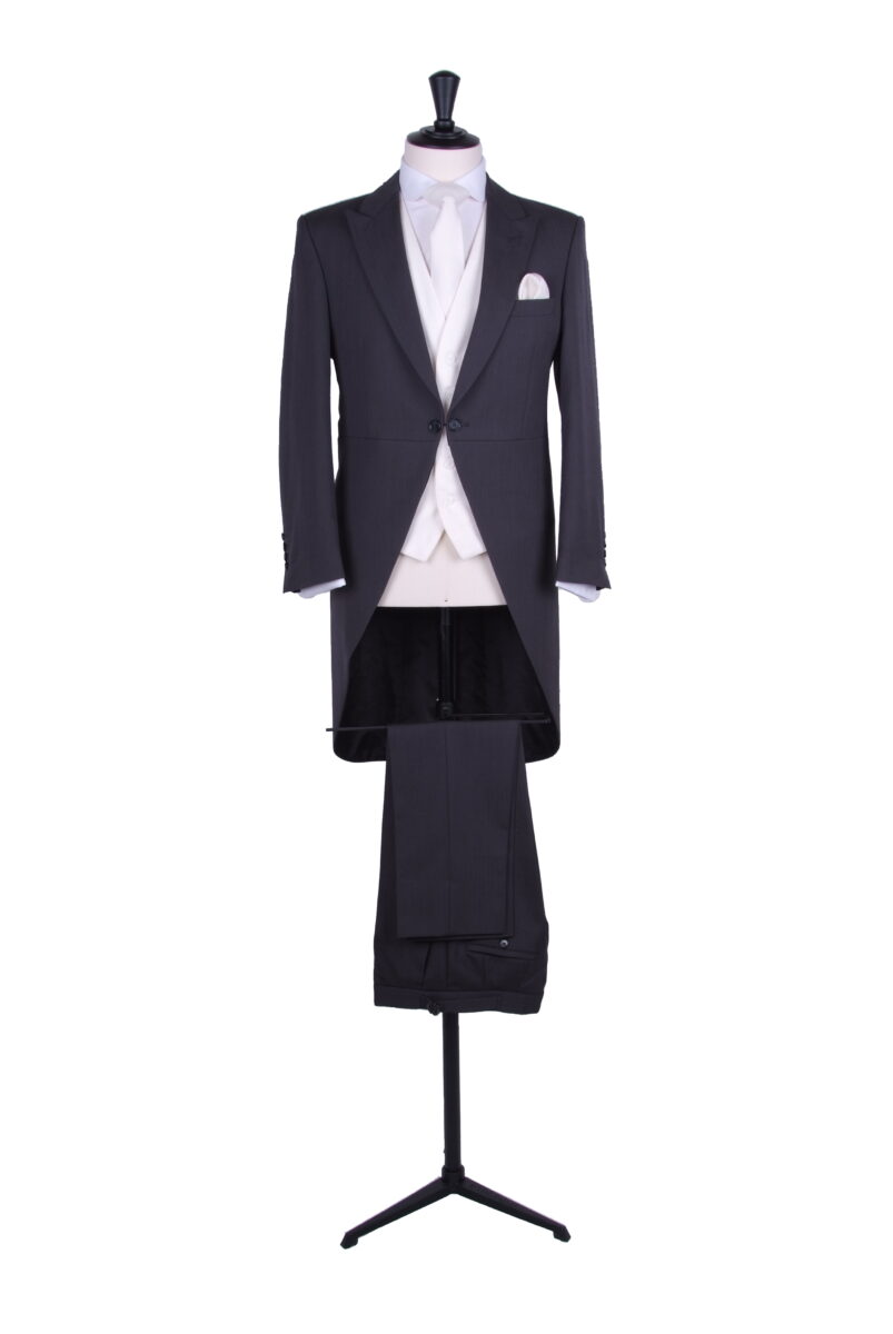 Tailcoat in grey herringbone with ivory waistcoat