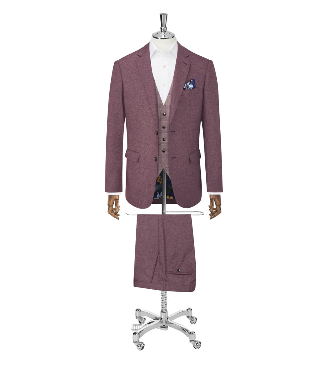 Berry with check waistcoat from our ready to wear suit range
