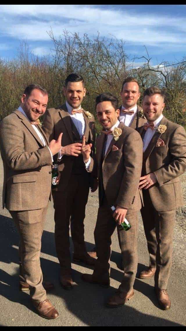 Sam and Jamie chose our brown tweed hire suits for their wedding