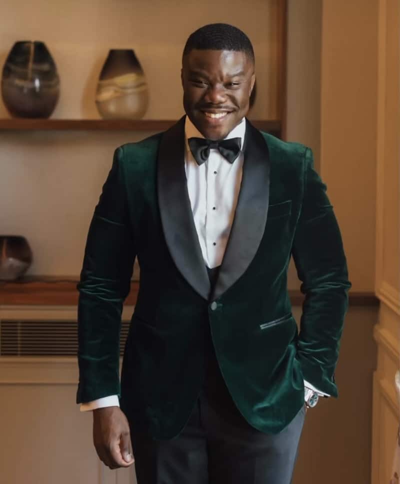 MTM green velvet tuxedo wedding suit for Mr Ologunja