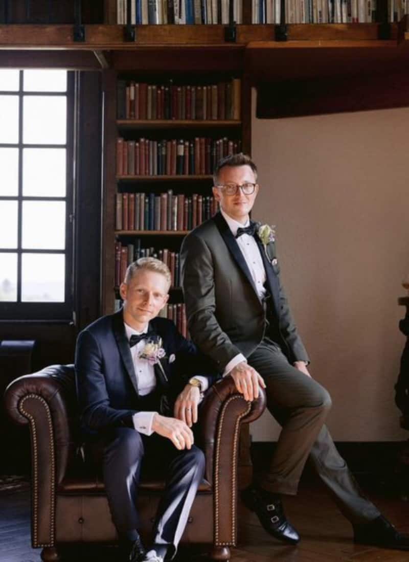 Mr & Mr Tickle had MTM same style tuxedo wedding suits but in different fabrics