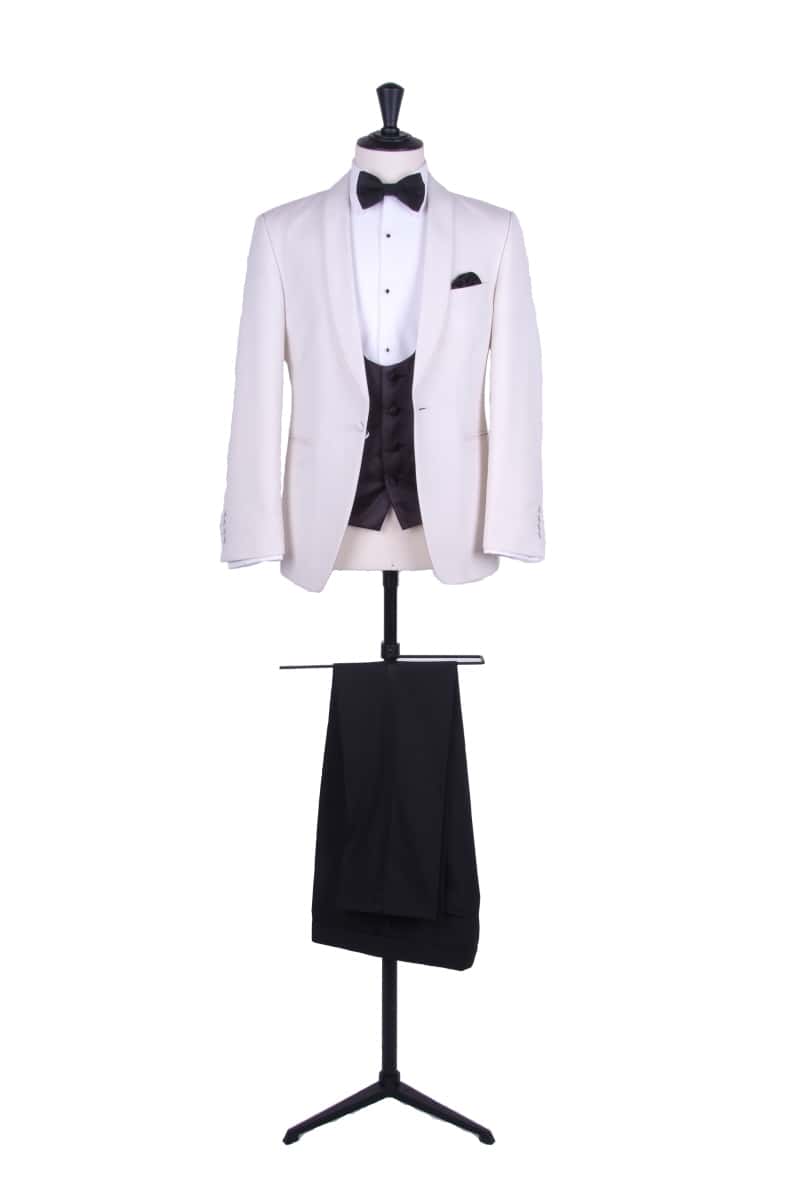 Black scoop waistcoat under a white dinner suit