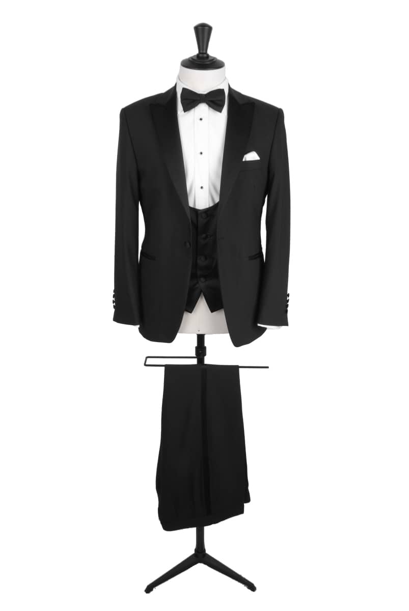 Peak lapel black tie wedding suit with scoop waistcoat