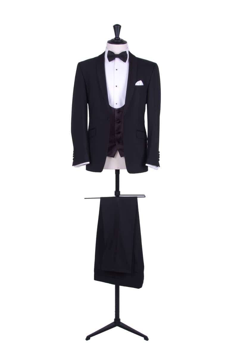 Black tie wedding suit, shawl collared with a scoop waistcoat